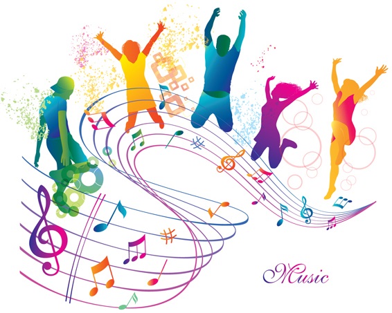 Colourful music script with joyful people jumping